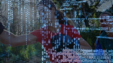 Three women hikers walking forest trail, using smartphone with floating code overlay in technology - Powered by Adobe