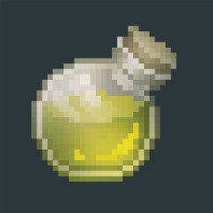 Fototapeta premium yellow lemon potion round bottomed bottle in pixel art style with isolated background