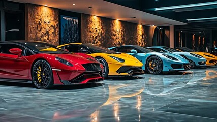 Exotic car collection showcasing luxury supercars in vivid colors reflecting wealth