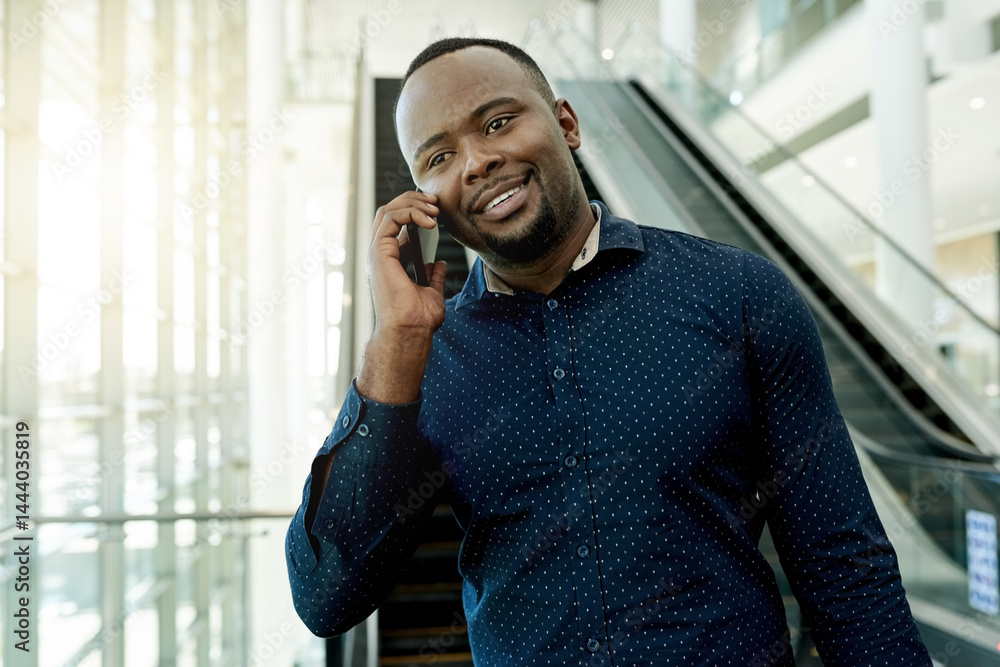 Poster phone call, lobby and african businessman on escalator for commute, travel and arrival for conferenc