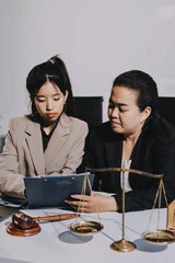 Concept of legal counseling. The lawyer or legal counsel is listening and providing advice to business people.