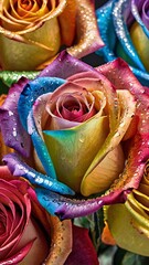 Close-up of vibrant rainbow roses with water droplets, stunning floral art