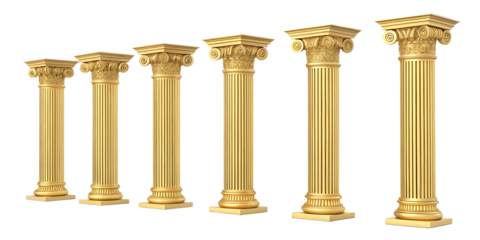 Five golden columns isolated on white background