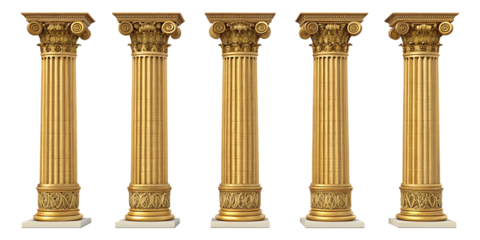 Five golden columns isolated on white background