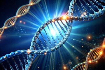 Glowing DNA helix on blue light rays dark background genetic science concept