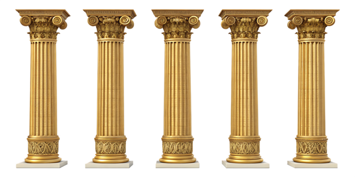 Five golden columns isolated on white background