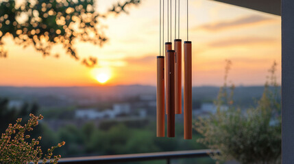 Copper wind chimes at sunset over a landscape.  Golden hour light bathes the scene