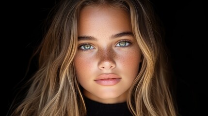 Obraz premium Close-up portrait of a young woman with flawless skin and bright eyes. Natural beauty, healthy glow, and confident expression