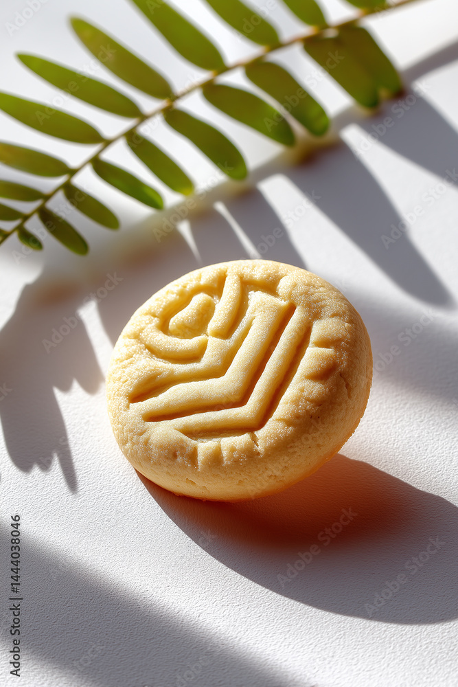 Poster round cookie with decorative pattern sits on clean white surface, illuminated by soft light. green l