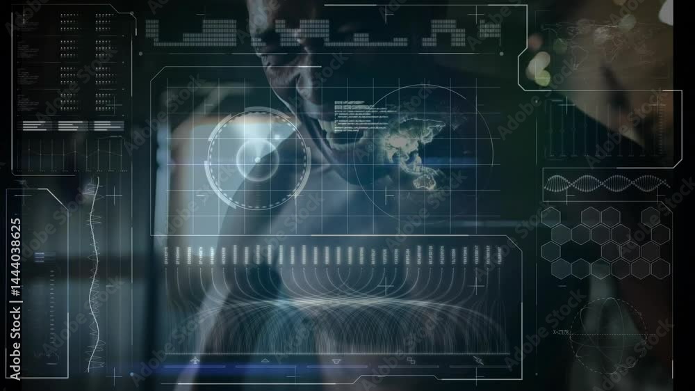 Poster man interacting with holographic hud in tech lab, analyzing world map code and dna waveform graphs