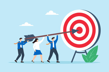 Flat illustration of business team pushing giant arrow to hit bullseye target for corporate mission and team success
