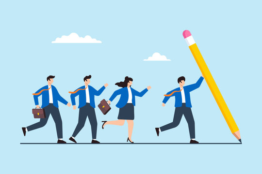 Flat illustration of business leader guiding team by drawing path line with large pencil for leadership vision and achieve success