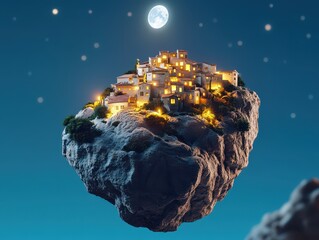 Fototapeta premium Floating village nestled on a rocky island at night.