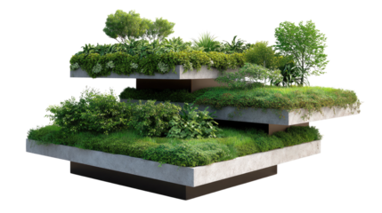 Architectural Green Haven: Modern, tiered landscape design incorporating lush greenery, offering a refreshing urban oasis.