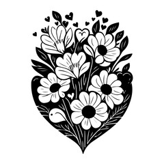 Floral heart design in black and white with stylized blossoms and foliage