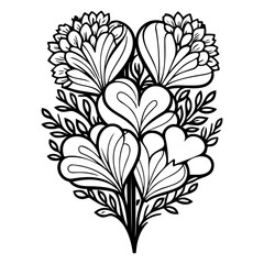 Stylized floral arrangement with heart-shaped petals in a monochrome drawing