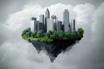 Obraz premium Floating city island nestled amidst a cloudy sky.