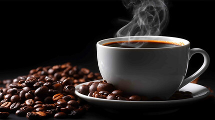 Hot coffee cup with and roasted beans