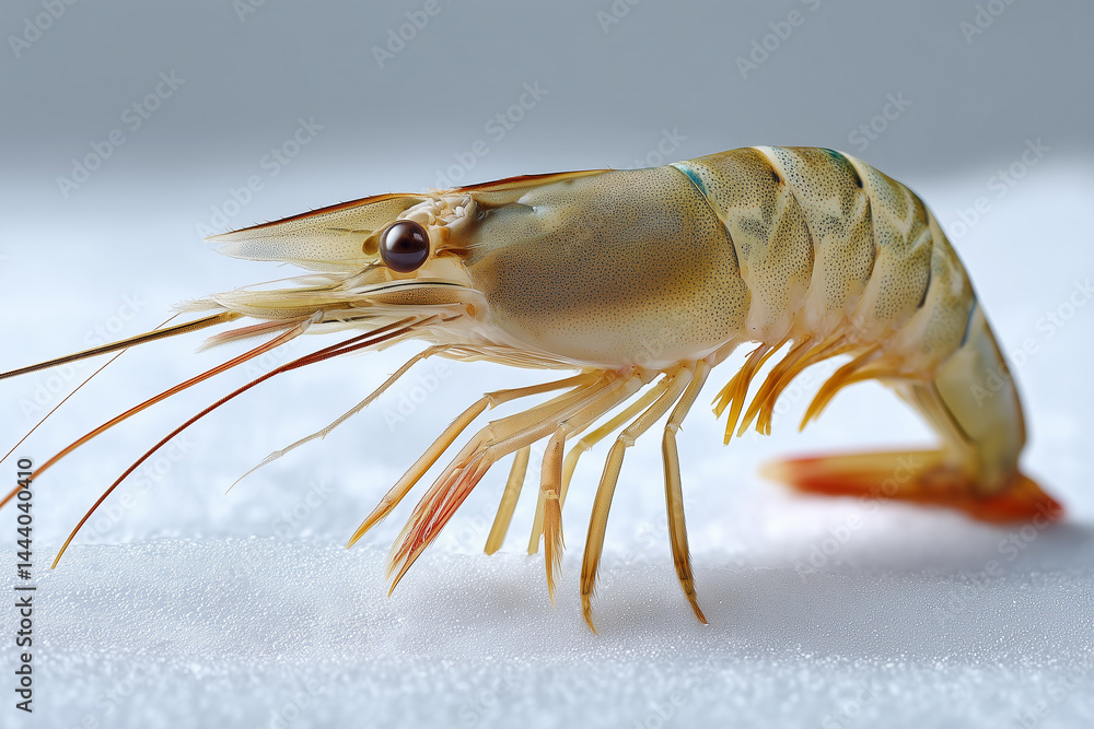 Poster close-up view of fresh shrimp emphasizing unique textures and colors. clean white background enhance