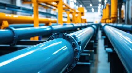 complex industrial infrastructure with parallel blue pipelines and yellow structural supports within a manufacturing or processing environment offering a sense of scale and engineering