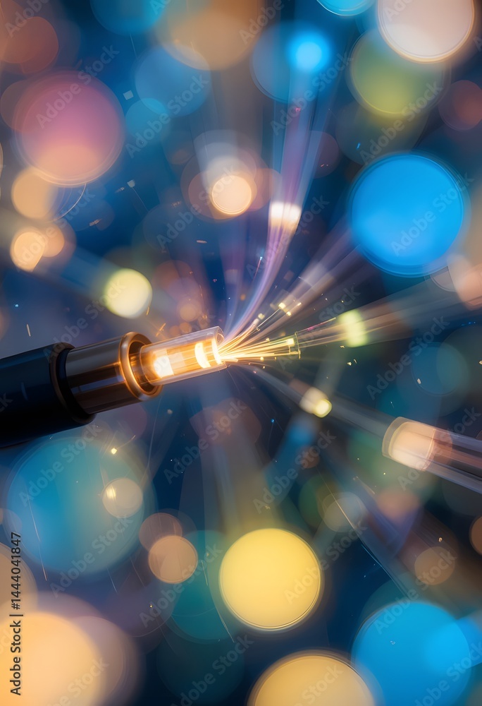 Poster fiber optic cables glow brightly. transmitting digital information. this is the future of data trans