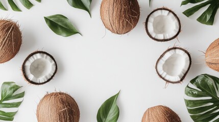whole and halved coconuts on a white background