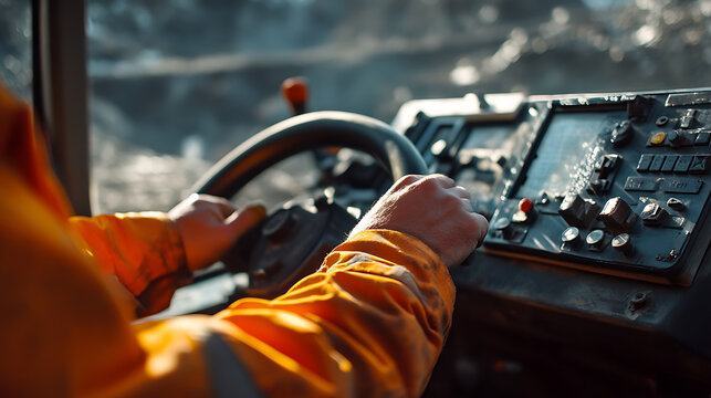 Operator's Hands on Steering Wheel and Control Panel