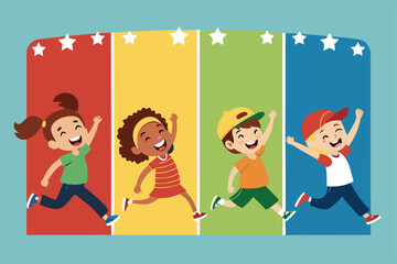 Design a vibrant banner for a children's sports and activity program, emphasizing fun and energetic activities. Include diverse children participating in various sports.