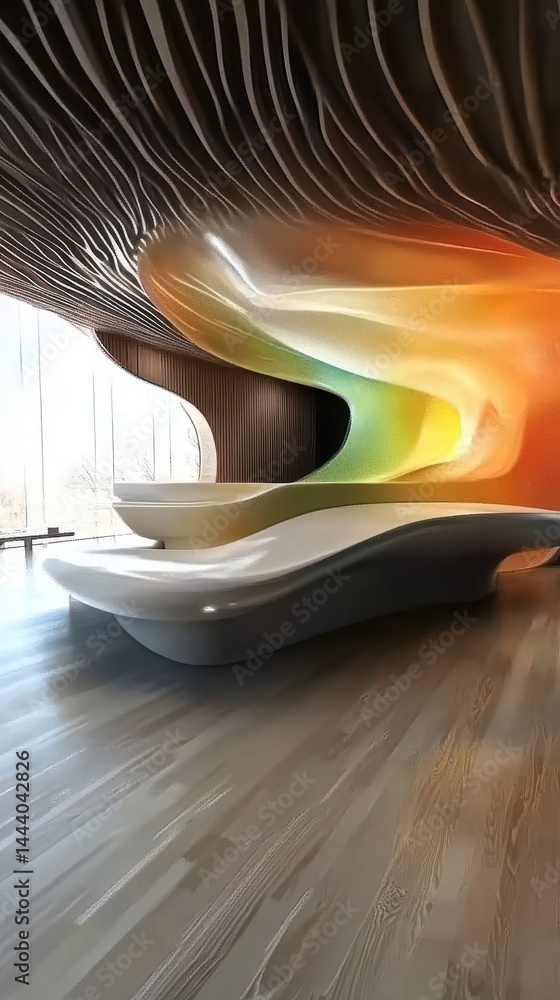 Poster intricate reception area design with flowing forms and vibrant lighting.