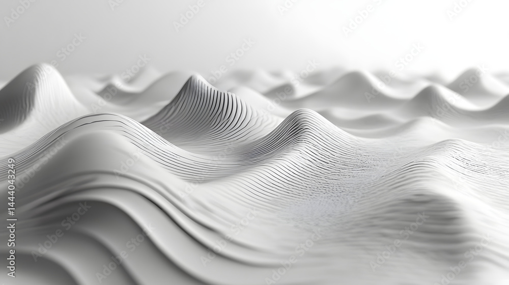 Poster dynamic white waveforms abstract landscape digital art minimalist environment top view modern design