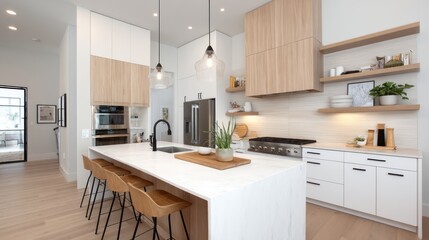 Modern, bright kitchen with light wood cabinets and white countertops