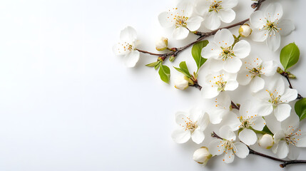 Spring blossoms displaying white flowers on horizontal white background for nature photography