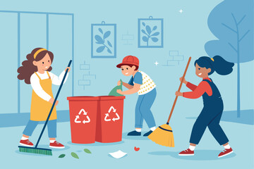 Smiling children actively participate in a school cleanup initiative, diligently removing litter and debris to improve their school environment.