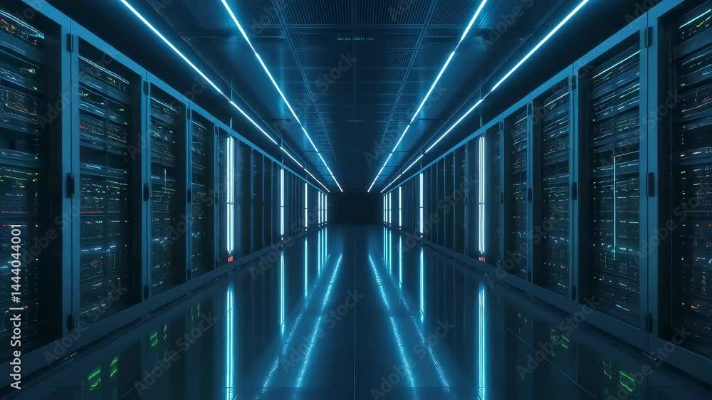 Poster futuristic server room high-tech data center infrastructure with neon lighting and reflective floors