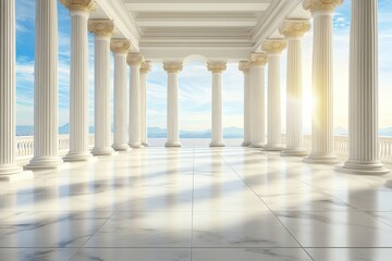 Fototapeta premium Grand colonnaded hall with marble floor and scenic vista.