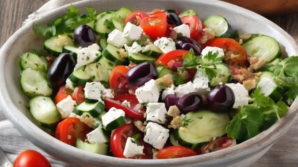 Fresh and Vibrant Greek Salad with Tomatoes, Cucumbers, Olives, and Feta Cheese Ready to be Served
