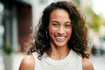 Laughing, city and portrait of happy businesswoman by building for career growth and work...