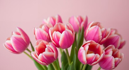 Obraz premium A vibrant bouquet of pink and white tulips against a soft pink background, showcasing the beauty of spring and floral arrangements