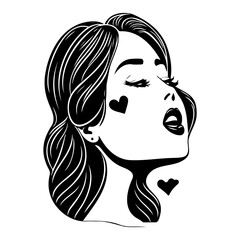 Elegant monochrome depiction of a woman with heart motifs and stylized hair