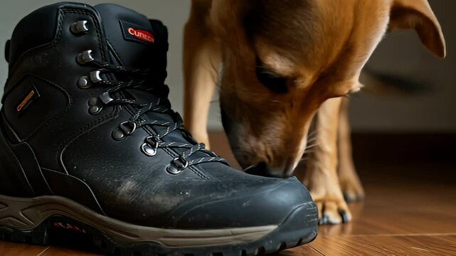 Curious dog sniffing a muddy hiking boot indoors