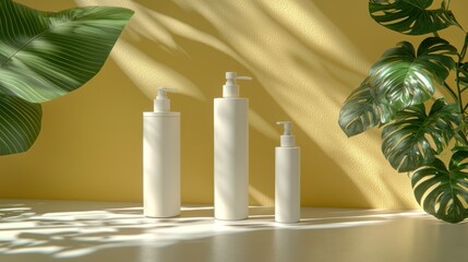 White cosmetic bottles, tropical leaves, sunny backdrop