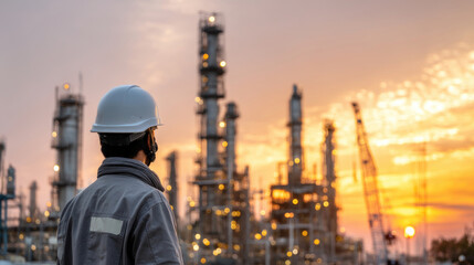Worker watches oil refinery at sunset.  Worker in protective gear observes vast industrial complex during golden hour