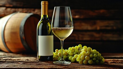 White wine bottle and glass with grapes and barrel
