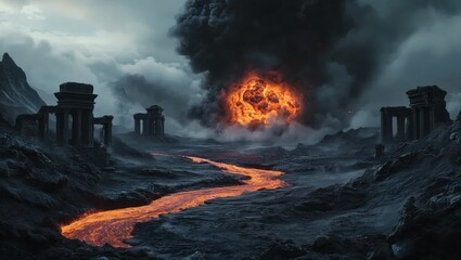 Volcanic Eruption with Lava Flowing Through Ruins Landscape