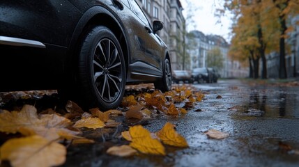 Dark SUV parked on a wet city street lined with fallen autumn leaves