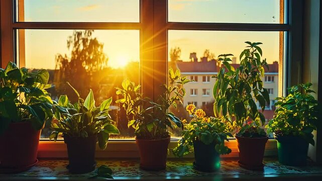 Sunset view, potted plants, windowsill, city background, home decor