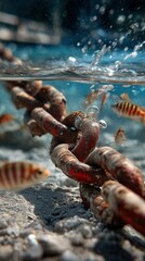 Underwater Rusty Chain with Small Fish Swimming