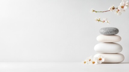 A stack of smooth white pebbles with one gray stone on top, delicate white flowers on a minimalist light background