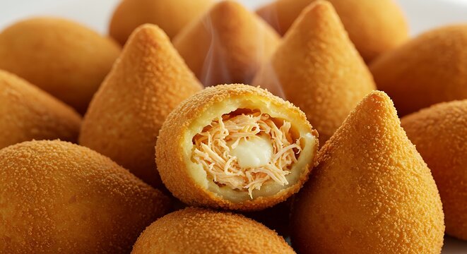 Crispy teardrop-shaped coxinhas filled with shredded chicken and catupiry cheese, golden fried crust, served on a banana leaf.