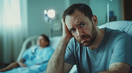 Focus Middle man sad sitting and wife sleeping on bed hospital background
